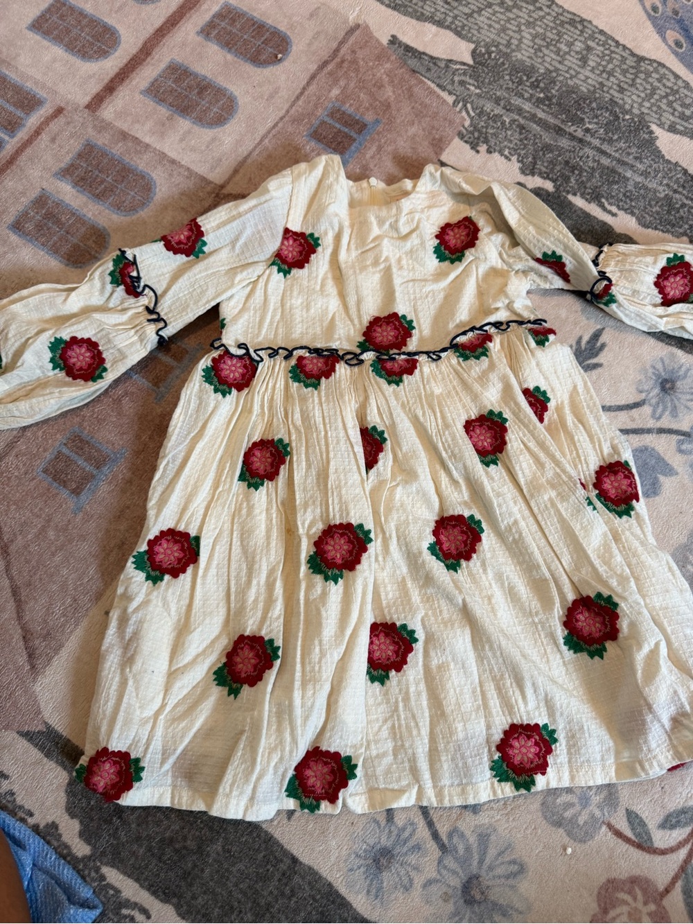 Pink Chicken Cream Dress with Red Floral Embroidery